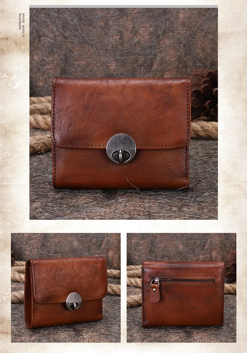 Vintage Womens Green Leather Small Trifold Wallet billfold Wallet Purse for Ladies