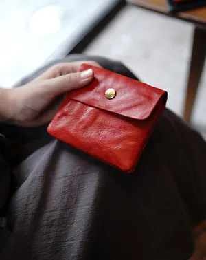 Vintage Womens Red Leather Billfold Wallet Small Wallet with Coin Pocket Mini Envelope Wallet for Ladies