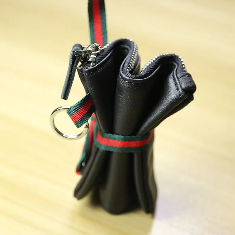 Women Black Leather Mini Zip Wallet with Keychain Billfold Slim Coin Wallet Small Zip Change Wallet For Women