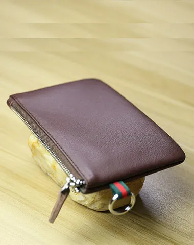 Women Coffee Leather Mini Zip Wallet with Keychain Billfold Slim Coin Wallet Small Zip Change Wallet For Women