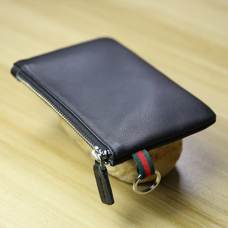 Women Coffee Leather Mini Zip Wallet with Keychain Billfold Slim Coin Wallet Small Zip Change Wallet For Women
