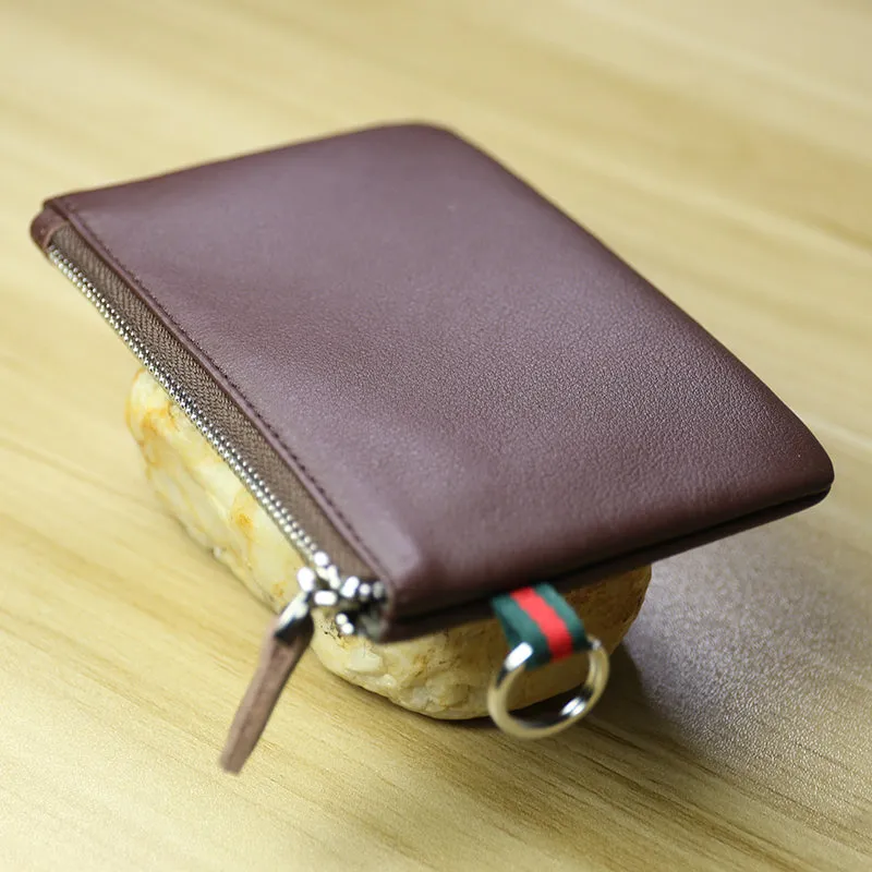 Women Coffee Leather Mini Zip Wallet with Keychain Billfold Slim Coin Wallet Small Zip Change Wallet For Women