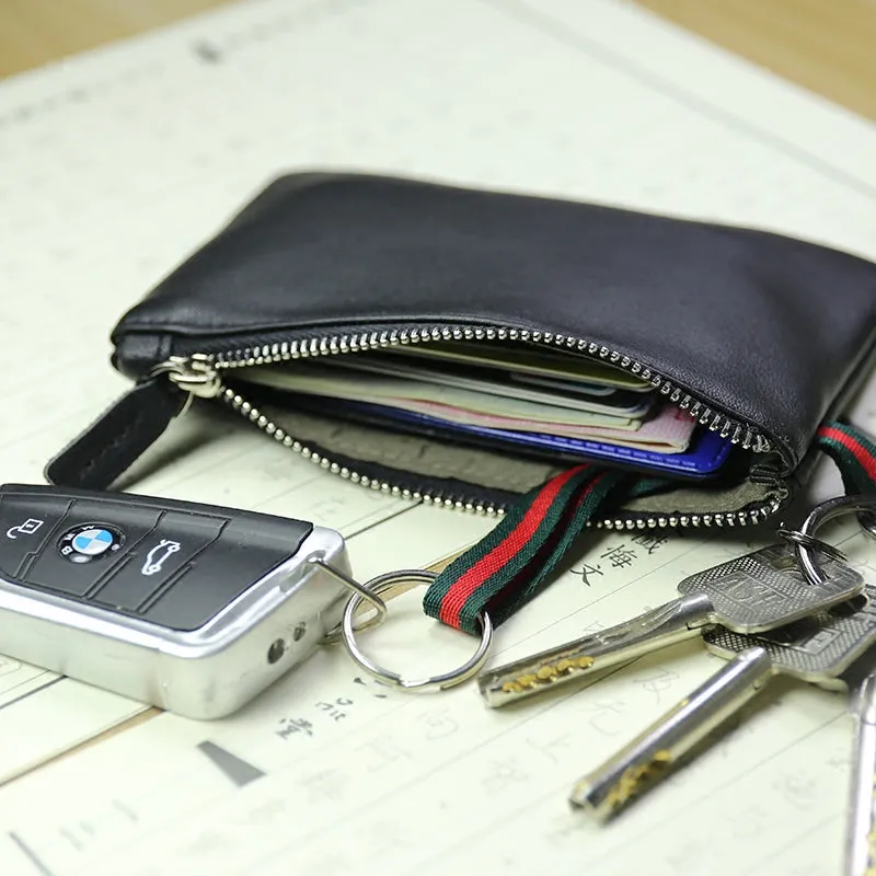 Women Coffee Leather Mini Zip Wallet with Keychain Billfold Slim Coin Wallet Small Zip Change Wallet For Women