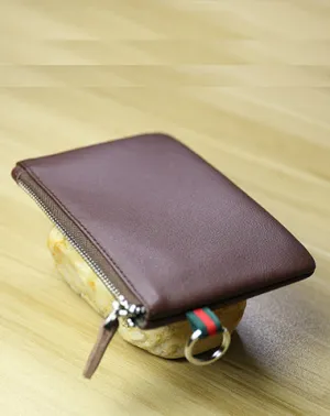 Women Coffee Leather Mini Zip Wallet with Keychain Billfold Slim Coin Wallet Small Zip Change Wallet For Women