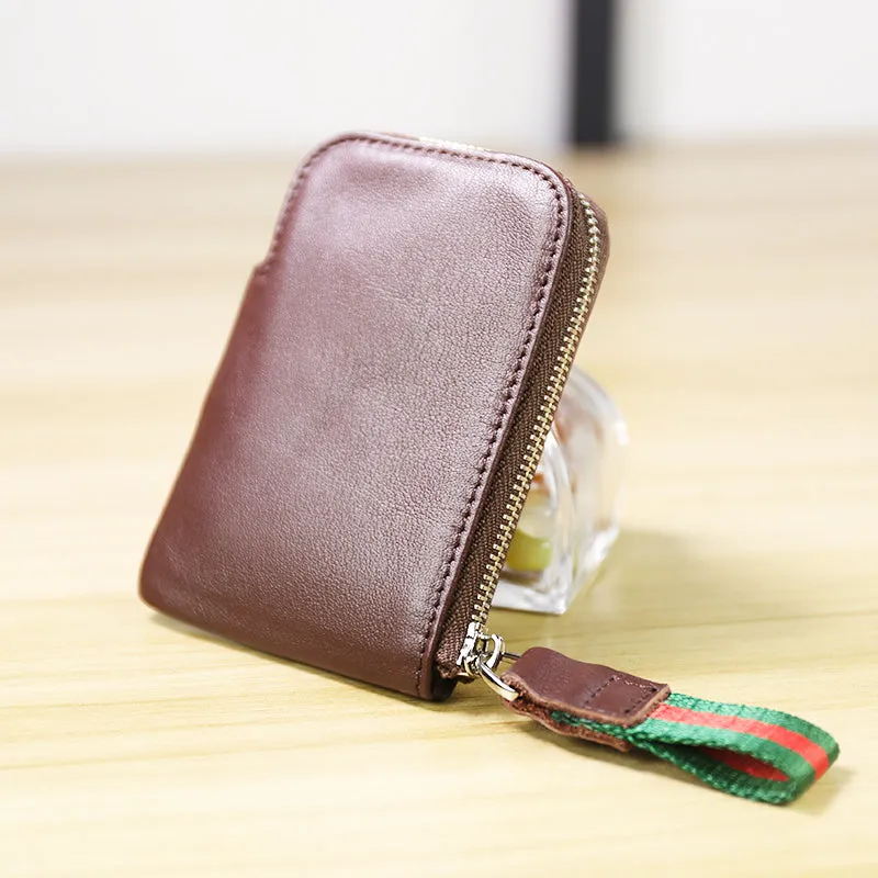 Women Leather Mini Zip Wallet Coffee Billfold Slim Coin Wallet Small Zip Change Wallet For Women