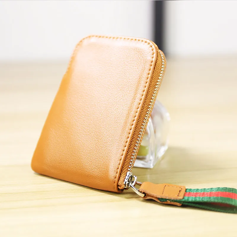 Women Leather Mini Zip Wallet Coffee Billfold Slim Coin Wallet Small Zip Change Wallet For Women