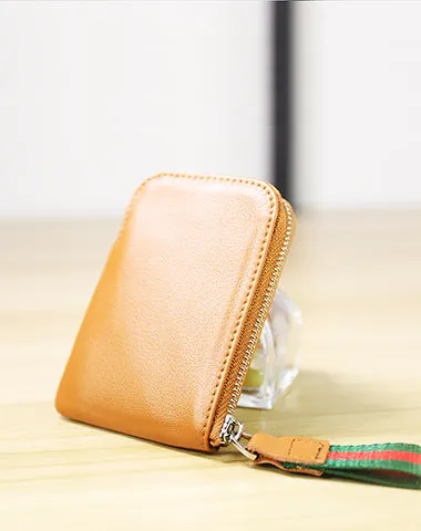 Women Leather Mini Zip Wallet Coffee Billfold Slim Coin Wallet Small Zip Change Wallet For Women