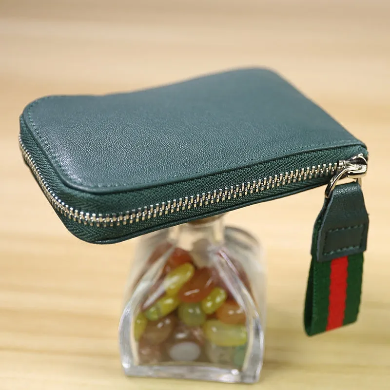 Women Leather Mini Zip Wallet Green Billfold Slim Coin Wallet Small Zip Change Wallet For Women