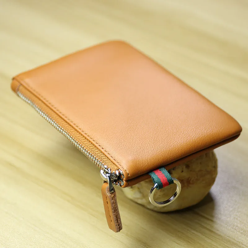 Women Navy Leather Mini Zip Wallet with Keychain Billfold Slim Coin Wallet Small Zip Change Wallet For Women
