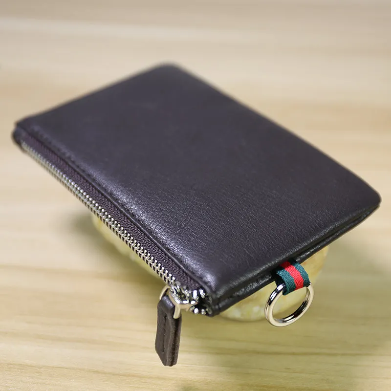 Women Navy Leather Mini Zip Wallet with Keychain Billfold Slim Coin Wallet Small Zip Change Wallet For Women
