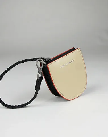 Womens Beige&Gray Leather Coin Zip Wallet with Leather Chain Leather Zip Wristlet Purse for Ladies