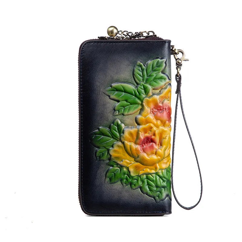 Womens Black Leather Zip Around Wallets Peony Flower Wristlet Wallets Floral Ladies Zipper Clutch Wallet for Women