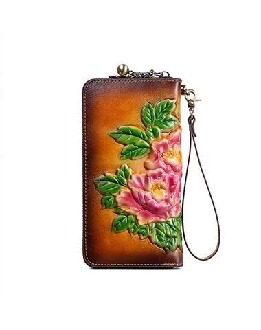 Womens Black Leather Zip Around Wallets Peony Flower Wristlet Wallets Floral Ladies Zipper Clutch Wallet for Women