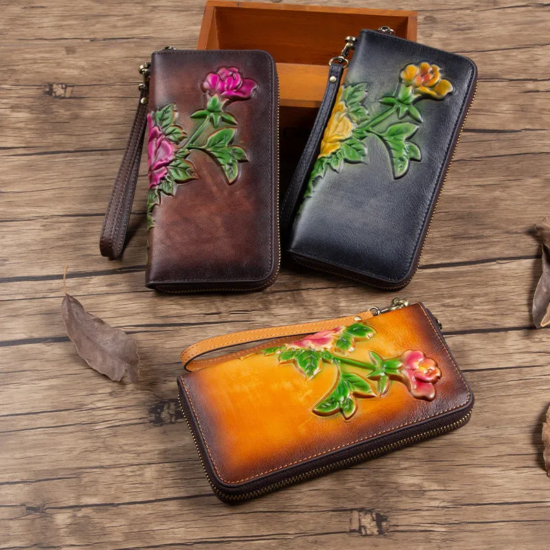 Womens Black Leather Zip Around Wallets Peony Flower Wristlet Wallets Floral Ladies Zipper Clutch Wallet for Women