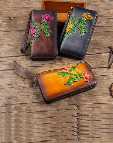Womens Black Leather Zip Around Wallets Peony Flower Wristlet Wallets Floral Ladies Zipper Clutch Wallet for Women