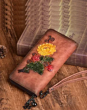 Womens Brown Leather Zip Around Wallet Chrysanthemum Flower Wristlet Wallet Floral Ladies Zipper Clutch Wallet for Women