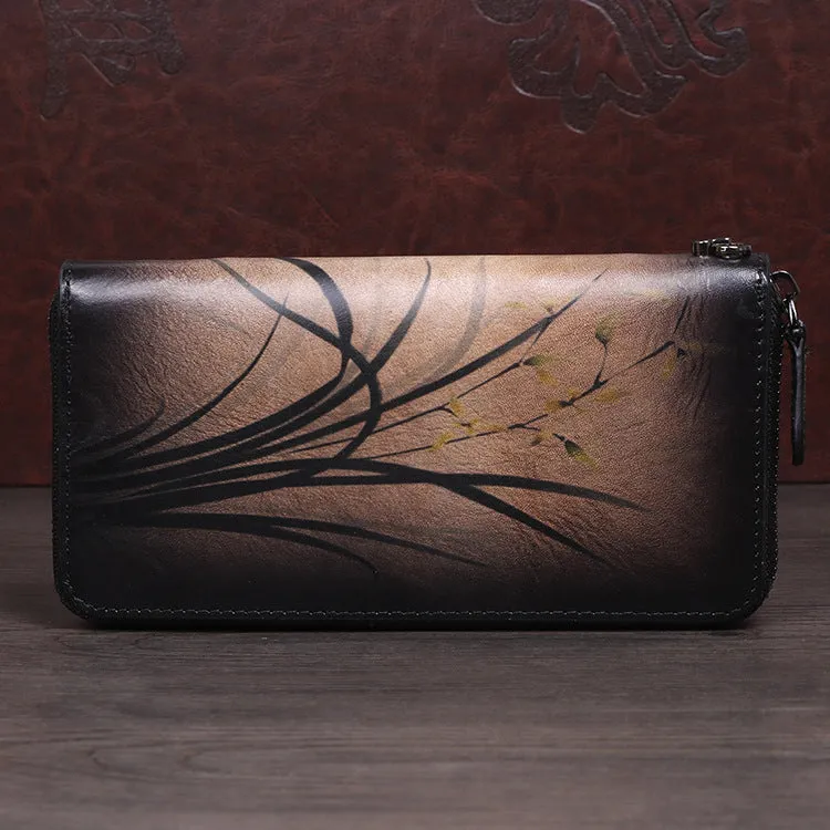 Womens Brown Leather Zip Around Wallet Wash Painting Flowers Wristlet Wallet Ladies Zipper Clutch Wallet for Women