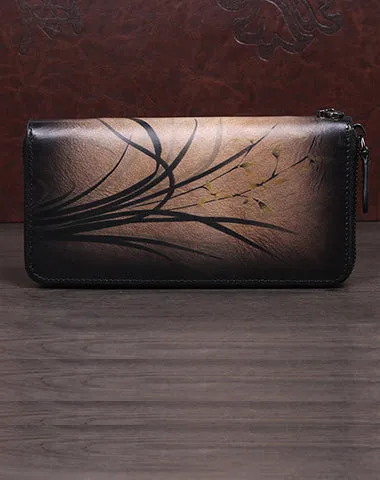 Womens Brown Leather Zip Around Wallet Wash Painting Flowers Wristlet Wallet Ladies Zipper Clutch Wallet for Women