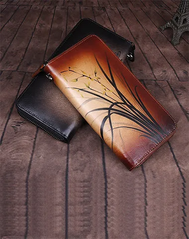 Womens Brown Leather Zip Around Wallet Wash Painting Flowers Wristlet Wallet Ladies Zipper Clutch Wallet for Women