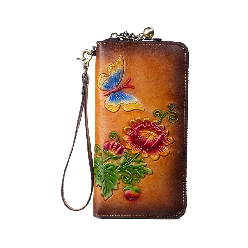 Womens Butterfly&Mums Flower Black Leather Wristlet Wallets Zip Around Wallet Flower Ladies Zipper Clutch Wallet for Women