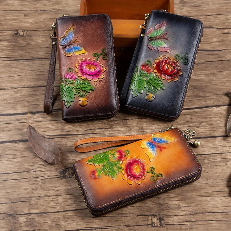Womens Butterfly&Mums Flower Tan Leather Wristlet Wallets Zip Around Wallet Flower Ladies Zipper Clutch Wallet for Women