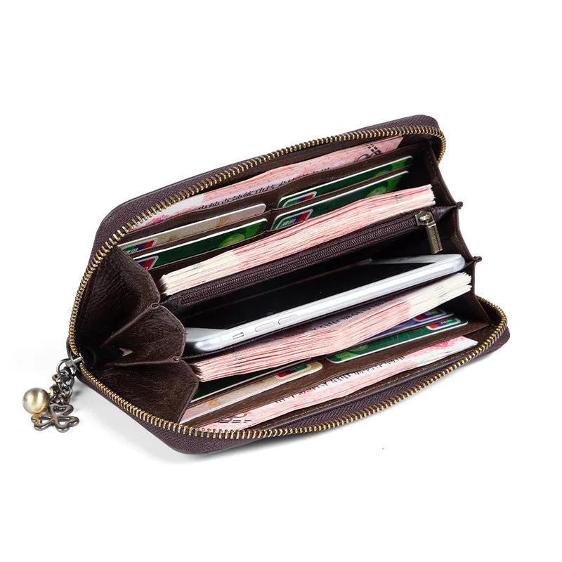 Womens Butterfly&Mums Flower Tan Leather Wristlet Wallets Zip Around Wallet Flower Ladies Zipper Clutch Wallet for Women