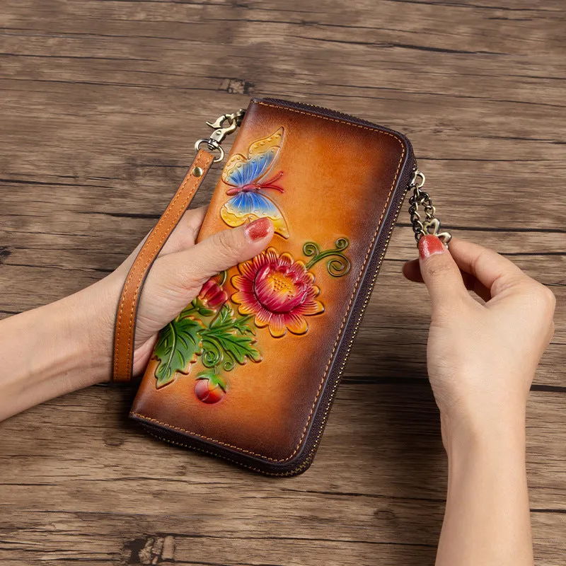 Womens Butterfly&Mums Flower Tan Leather Wristlet Wallets Zip Around Wallet Flower Ladies Zipper Clutch Wallet for Women