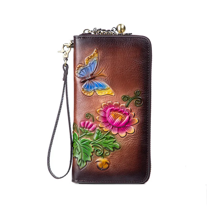 Womens Butterfly&Mums Flower Tan Leather Wristlet Wallets Zip Around Wallet Flower Ladies Zipper Clutch Wallet for Women