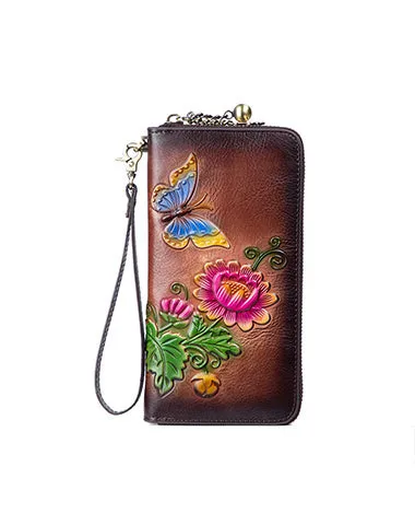Womens Butterfly&Mums Flower Tan Leather Wristlet Wallets Zip Around Wallet Flower Ladies Zipper Clutch Wallet for Women