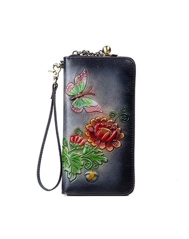 Womens Butterfly&Mums Flower Tan Leather Wristlet Wallets Zip Around Wallet Flower Ladies Zipper Clutch Wallet for Women