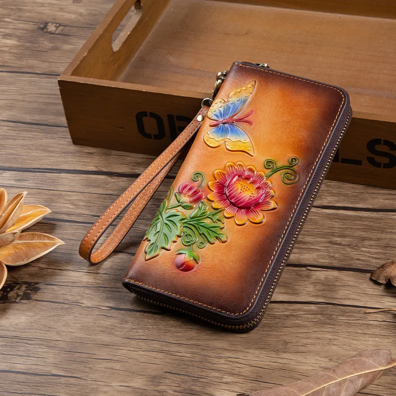 Womens Butterfly&Mums Flower Tan Leather Wristlet Wallets Zip Around Wallet Flower Ladies Zipper Clutch Wallet for Women