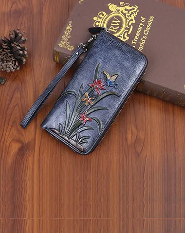 Womens Butterfly&Orchid Flower Coffee Leather Wristlet Wallets Zip Around Wallet Flower Ladies Zipper Clutch Wallet for Women