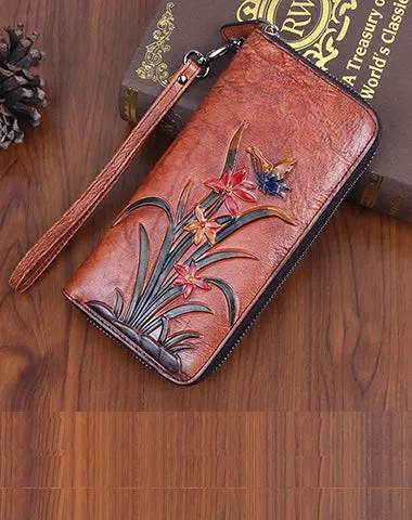 Womens Butterfly&Orchid Flower Coffee Leather Wristlet Wallets Zip Around Wallet Flower Ladies Zipper Clutch Wallet for Women