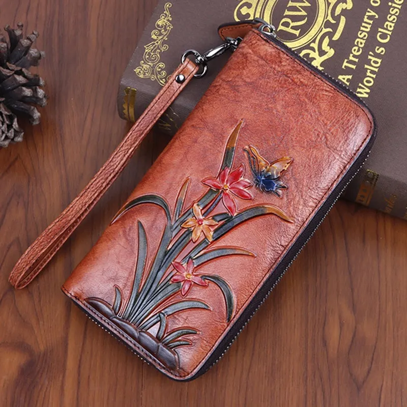Womens Butterfly&Orchid Flower Coffee Leather Wristlet Wallets Zip Around Wallet Flower Ladies Zipper Clutch Wallet for Women