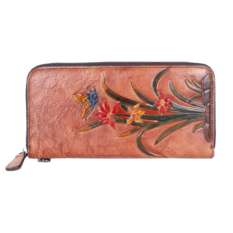 Womens Butterfly&Orchid Flower Coffee Leather Wristlet Wallets Zip Around Wallet Flower Ladies Zipper Clutch Wallet for Women
