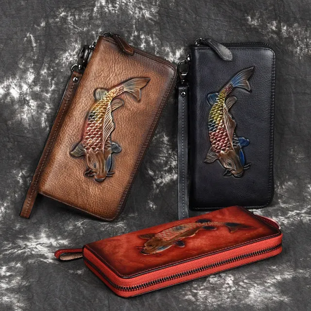 Womens Carp Brown Leather Zip Around Wallet Wristlet Wallet Carp Ladies Zipper Clutch Wallet for Women