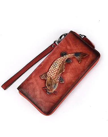 Womens Carp Brown Leather Zip Around Wallet Wristlet Wallet Carp Ladies Zipper Clutch Wallet for Women