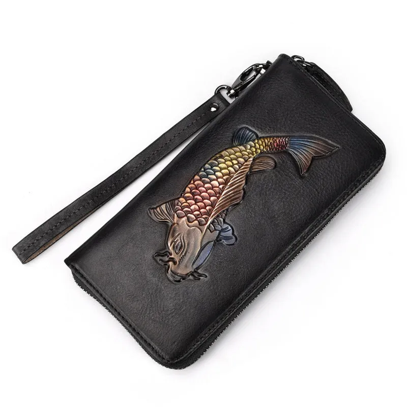 Womens Carp Brown Leather Zip Around Wallet Wristlet Wallet Carp Ladies Zipper Clutch Wallet for Women