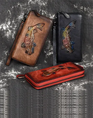 Womens Carp Brown Leather Zip Around Wallet Wristlet Wallet Carp Ladies Zipper Clutch Wallet for Women