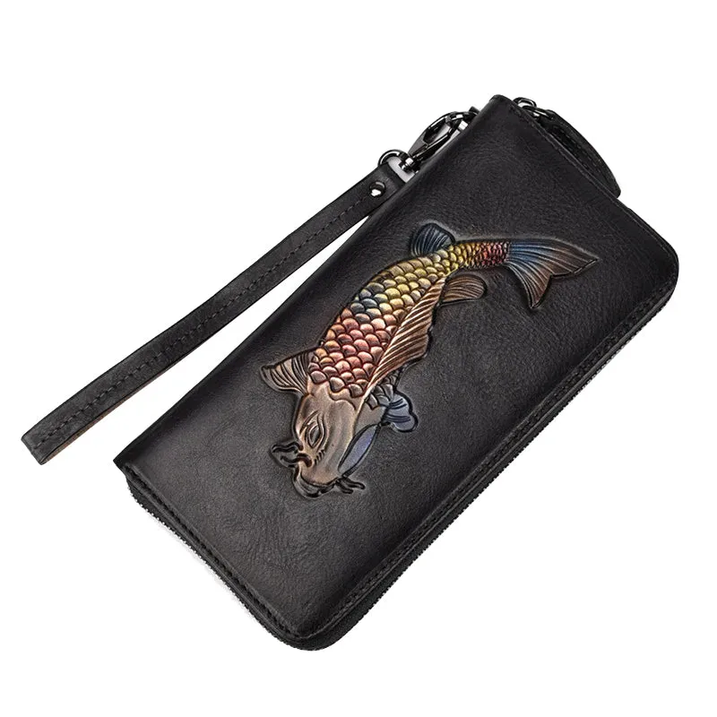 Womens Carp Brown Leather Zip Around Wallet Wristlet Wallet Carp Ladies Zipper Clutch Wallet for Women