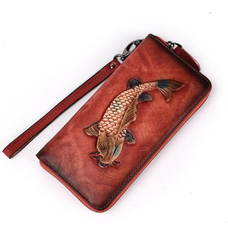 Womens Carp Brown Leather Zip Around Wallet Wristlet Wallet Carp Ladies Zipper Clutch Wallet for Women