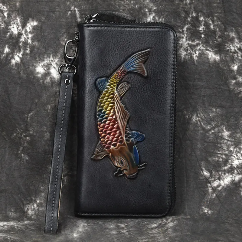 Womens Carp Brown Leather Zip Around Wallet Wristlet Wallet Carp Ladies Zipper Clutch Wallet for Women