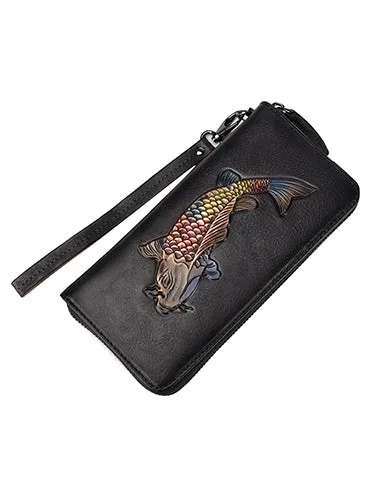 Womens Carp Brown Leather Zip Around Wallet Wristlet Wallet Carp Ladies Zipper Clutch Wallet for Women