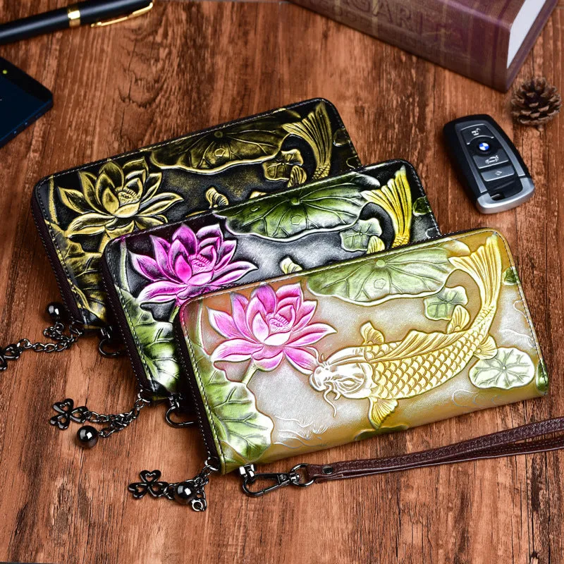 Womens Carp&Lotus Flower Black Leather Zip Around Wallet Wristlet Wallet Floral Ladies Zipper Clutch Wallet for Women