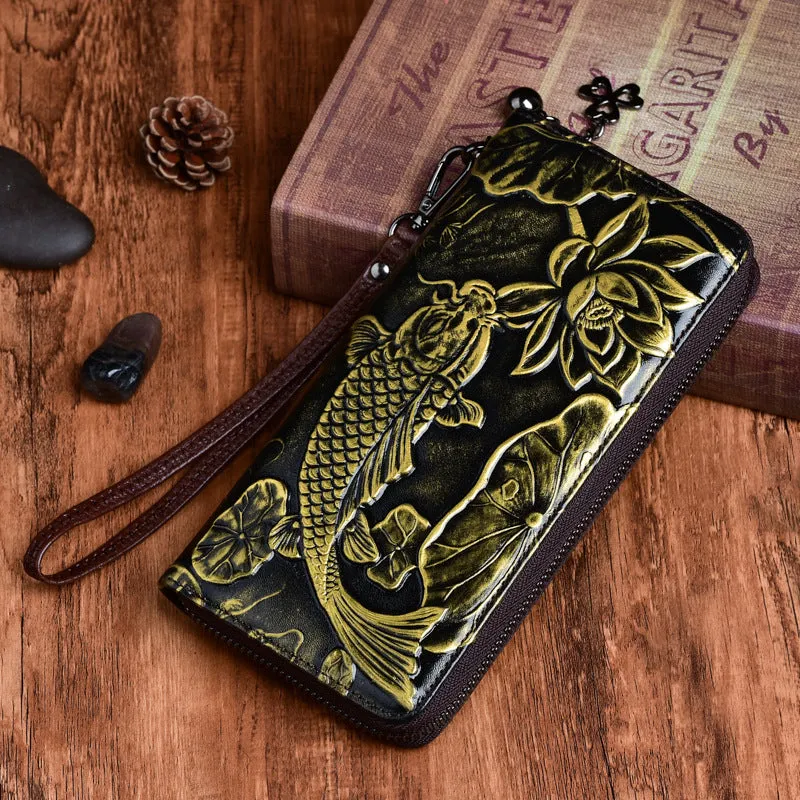 Womens Carp&Lotus Flower Leather Zip Around Wallet Wristlet Wallet Floral Ladies Zipper Clutch Wallet for Women