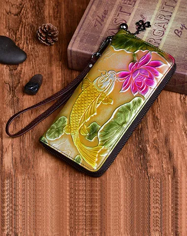 Womens Carp&Lotus Flower Leather Zip Around Wallet Wristlet Wallet Floral Ladies Zipper Clutch Wallet for Women
