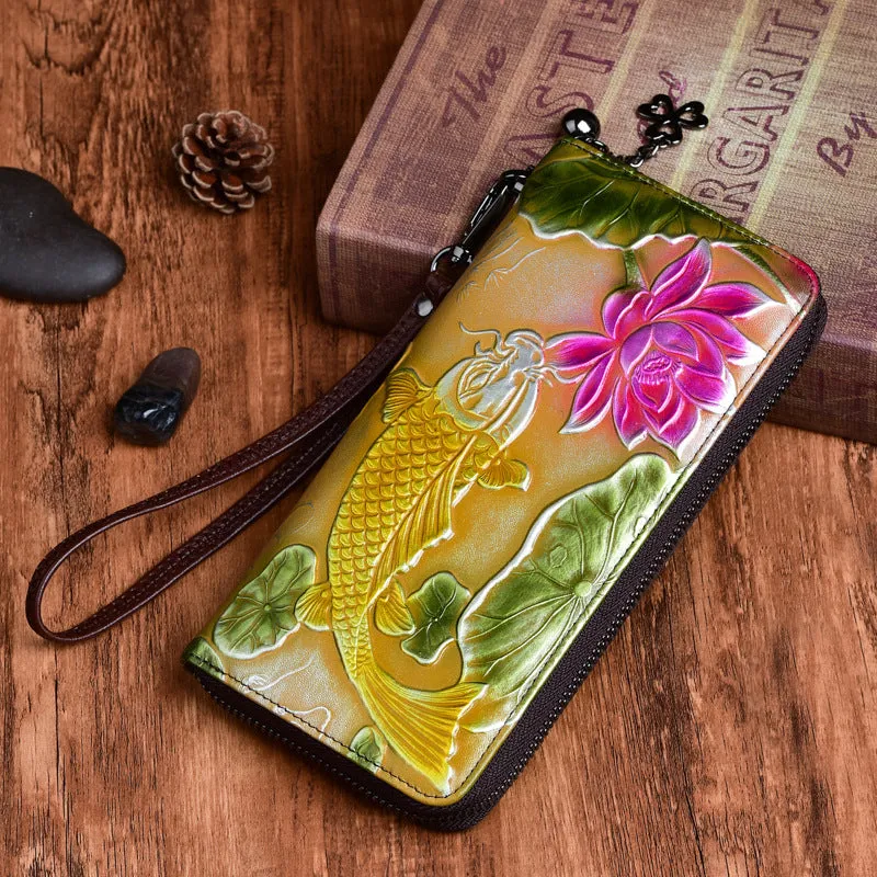Womens Carp&Lotus Flower Leather Zip Around Wallet Wristlet Wallet Floral Ladies Zipper Clutch Wallet for Women