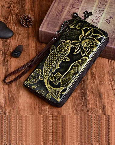 Womens Carp&Lotus Flower Leather Zip Around Wallet Wristlet Wallet Floral Ladies Zipper Clutch Wallet for Women