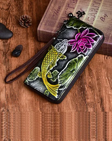 Womens Carp&Lotus Flower Yellow Leather Zip Around Wallet Wristlet Wallet Floral Ladies Zipper Clutch Wallet for Women
