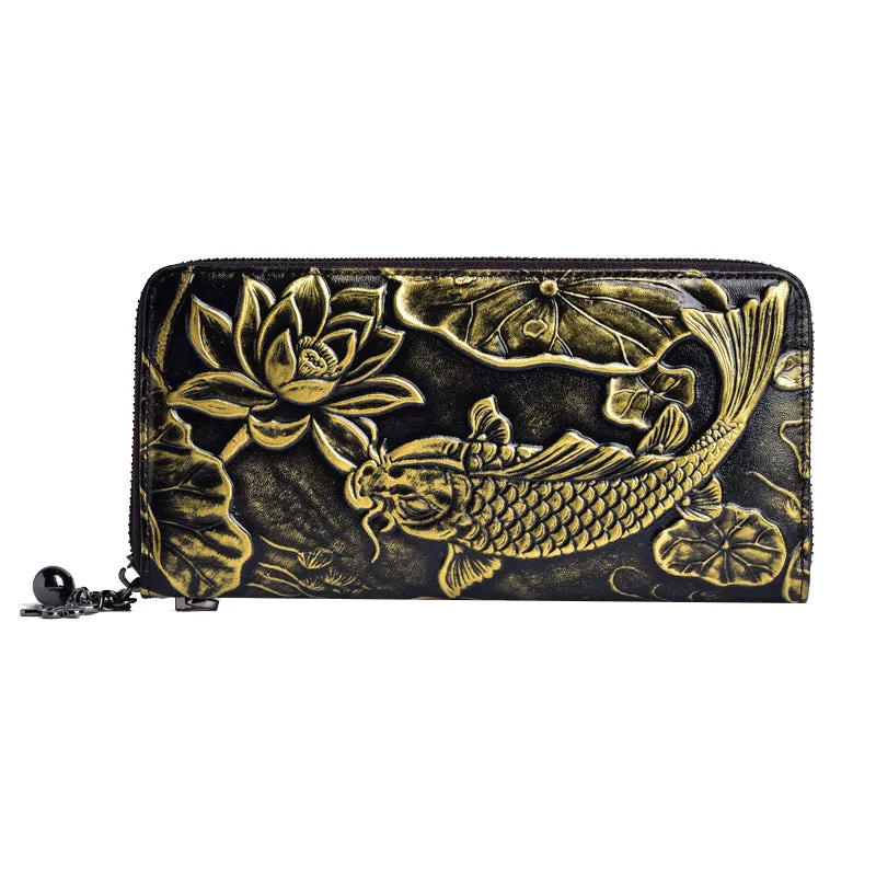 Womens Carp&Lotus Flower Yellow Leather Zip Around Wallet Wristlet Wallet Floral Ladies Zipper Clutch Wallet for Women